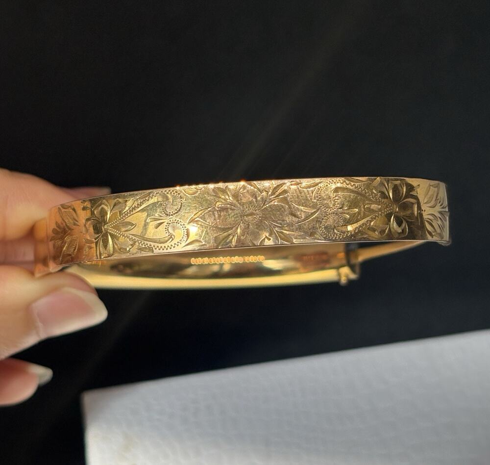 Antique Victorian Gold Filled Engraved Floral Hinged Bangle Bracelet Vintage